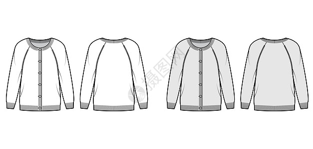 圆领颈大衣技术时装插图 包括特写按钮 长的拉布兰袖子 尺寸过大 臀部长度女士高领运动球衣全体运动衫球座服装草图开襟衫图片