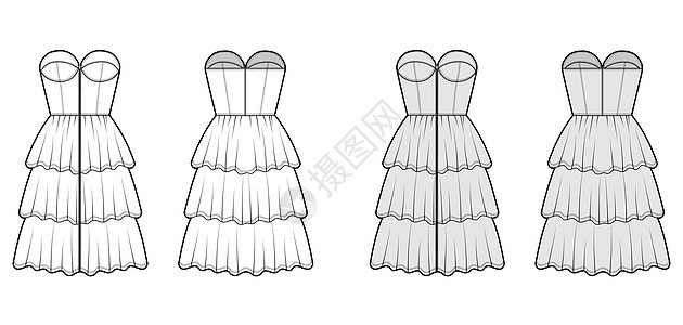 西普上胸衣 技术时装插图 用无带的 合身的身体 3排膝盖长度轮廓裙子设计蕾丝服装草图小样织物棉布拉链绘画计算机图片