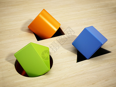 形状排序器拼图玩具 在错误位置内有方形 圆和三角形形状 3D 插图图片