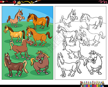 卡通马匹农场动物人物彩色页面图片