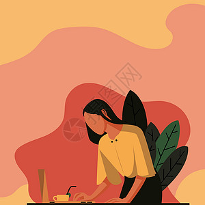 女商务人士利用手提电脑在桌面上放置的固定绘图 女性长期设计使用笔记本 计算机显示办公室生产力说明书男人海报叶子蔬菜墙纸卡通片裙子图片