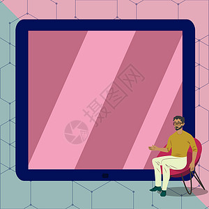 人指着手空屏幕代表规划未来项目 男性坐在 Archair 点空白板上展示最新计划最新进展椅子蓝色绘画职业运动座位墙纸科学卡通片教图片