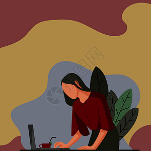 女商务人士利用手提电脑在桌面上放置的固定绘图 女性长期设计使用笔记本 计算机显示办公室生产力说明书食物男性职业电脑幸福植物卡通片图片