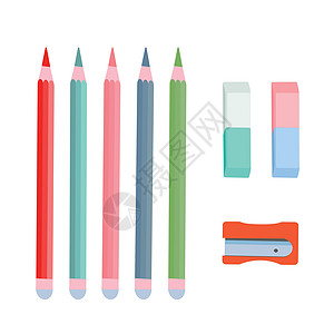一组多色铅笔 擦拭器和尖锐器 白色背景上孤立的矢量插图图片