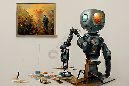 工作室里可爱友好的机器人艺术家在他的画架旁边 工作时绘画和绘画 神经网络 ai 生成艺术平局创新帮手生产机器油漆卡通片人工智能插图片