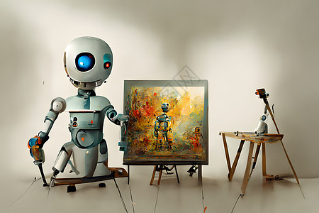 工作室里可爱友好的机器人艺术家在他的画架旁边 工作时绘画和绘画 神经网络 ai 生成艺术工具独眼创新汽车平局帮手卡通片画家巨人油图片