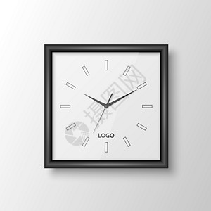 矢量 3d 逼真方形墙壁办公室时钟与黑色框架 设计模板隔离在白色 使用罗马数字拨号 用于品牌和广告隔离的挂钟模型 钟面设计插图圆图片