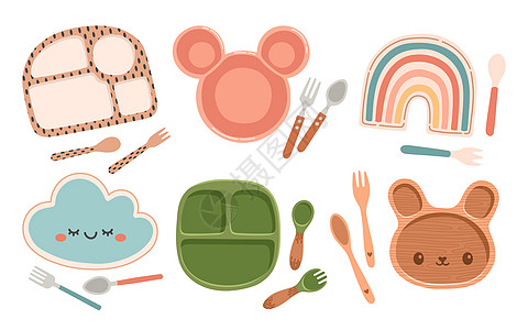 儿童盘式餐具设置儿童盘子平板设计矢量图片