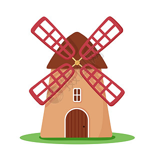 白色背景孤立的矢量卡通风车 平面磨坊插图 用于研磨谷物的可爱农舍 农村内地建筑图片