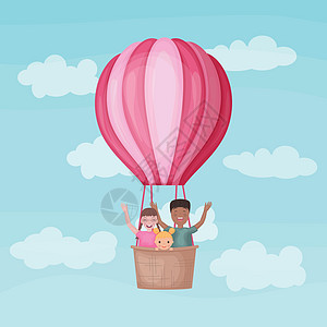 带着孩子的气球 热气球中的不同黑人和白人儿童 有趣的孩子们在气球中飞翔并挥舞着他们的手 有趣的旅行者 矢量图图片