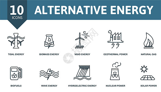 替代能源图标集 潮汐能 生物质能 风能 地热能 核能 波浪能 太阳能等简单元素的集合图片