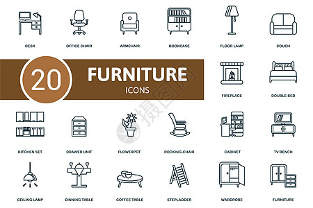 家具图标集 书桌 办公椅 扶手椅 双人床 厨房用具 花盆 书柜等简单元素的集合图片