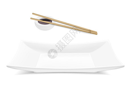 矢量逼真的寿司项目 带酱汁的方形瓷盘和两根木棍图片