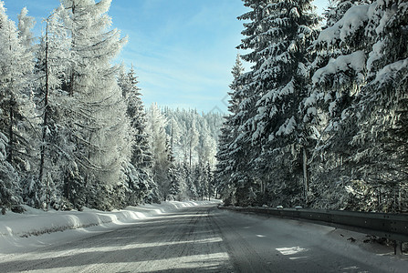 从驾驶员的座位看 开车经过冬季森林道路 雪覆盖了两边的松树 太阳和晴朗的天空在山上远处图片