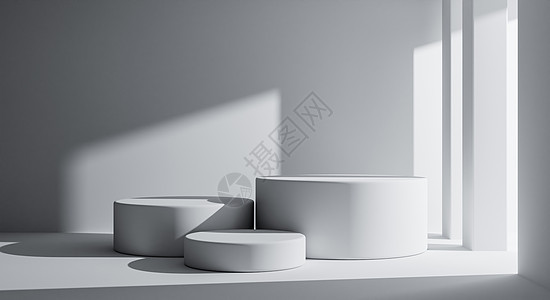 3个白色圆桌产品讲台 最起码有建筑背景的风格 建筑和内部概念 3D插图说明以及房子建筑学推介会体育场走廊小样阴影陈列柜大厅架子背景图片