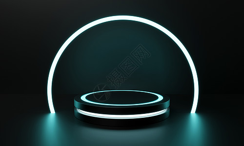现代圆式产品展示 sci-fi 讲台 蓝绿色亮光荧光电线框架背景 用于广告模板概念的技术和目标 3D 插图图片
