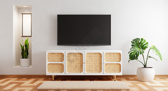 现代空房的木制电视机柜 配有木背景的植物地毯 日式主题 建筑和内建概念 3D插图解画房间剧院屏幕地面电影木地板家具视频安慰建筑学背景图片