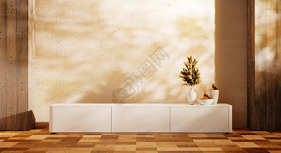 现代空房间里的白色木柜 装饰花瓶和木制背景的空墙 日本风格的主题 建筑和室内概念 3D插画渲染图片