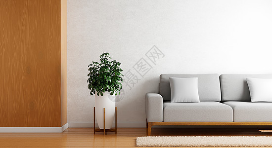 舒适的灰色沙发在现代白色混凝土墙上 在空荡荡的房间里 木板镶木地板上有植物 建筑和室内概念 3D插画渲染图片