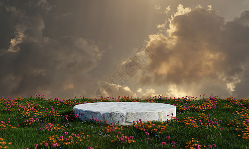 草原草地和多云天空背景的天然石块讲台 自然与天气概念 3D 插图图片