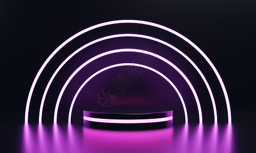 现代圆形产品展示 ci-fi 讲台 有粉红光亮的光线束环背景 技术和物体概念 3D 插图图片