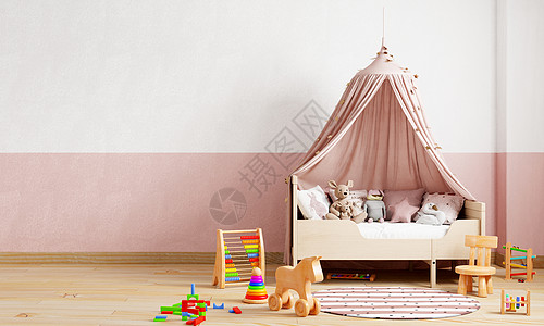以粉红和白色音调墙壁颜色背景的小孩房间 内务和儿童室托儿所概念 3D插图图片
