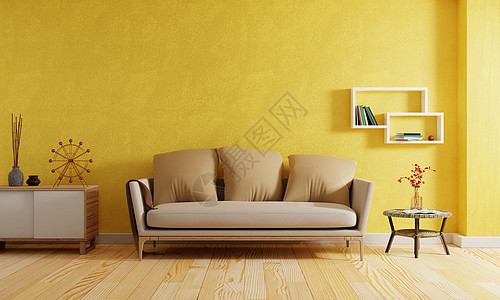 黄色调色风格背景的现代客厅 内建和建筑概念 3D 插图Name图片