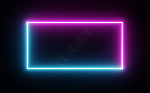 在孤立的黑色背景上带有两个色调霓虹色运动图形的方形矩形相框 蓝色和粉红色的光为覆盖元素移动 3D 插图渲染 空的拷贝空间中间激光图片