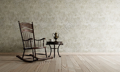 在木地板和生混凝土背景的经典客厅里的旧椅子 复古内饰和建筑概念 3D插画渲染图片