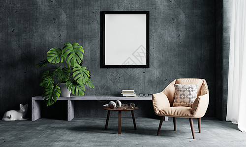 将白色孤立的空模拟照片框挂在阁楼墙壁背景上的客厅 内建和建筑概念 3D 插图植物咖啡店扶手椅房子奢华框架公寓风格沙发海报图片