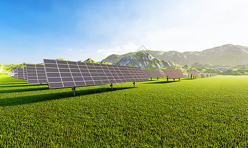 带有太阳能电池板的太阳能发电站 用于从鸟瞰图中通过绿色电力产生电能 技术和电气工业电厂概念 3D插画渲染图片