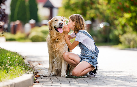 有金色猎犬的女孩草地童年公园女性绿色宠物犬类阳光友谊幸福图片