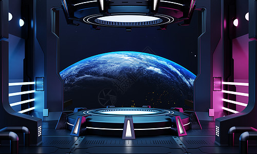 科幻产品讲台展示在空荡荡的宇宙飞船房间里 有蓝色地球背景 赛博朋克蓝色和粉色霓虹空间技术和娱乐对象概念 3D插画渲染图片