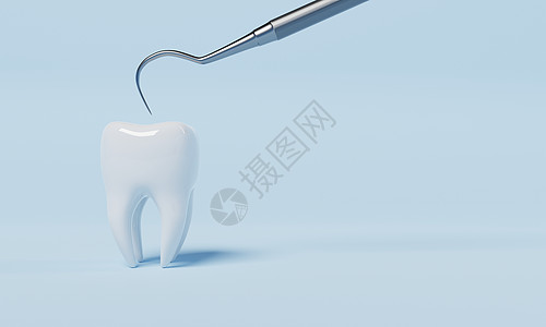 使用蓝背景牙科检查钩子进行牙牙眼健康检查 保健和医疗概念3D插图说明 5-10背景图片