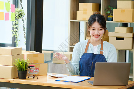 年轻的亚洲女商务人士在把包裹清单交给顾客之前 先核对邮包清单纸盒邮件技术运输进口工人港口货物命令船运图片