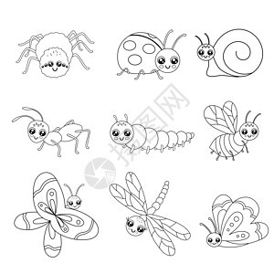 白色背景所隔离的一套可爱轮廓昆虫 有趣的龙蝇 蜜蜂 蝴蝶和蚂蚁用于幼稚色书籍 卡通矢量线插图图片