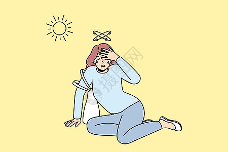 身体不健康的妇女外出被中暑温度脱水成人女孩风险太阳气候卡通片女性插图图片