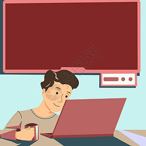 男子控股杯 看拉普顶端和展示重要新闻 在后面的Tv 男孩在手中抓人 盯着电脑并显示Cruty信息老师办公室商业创造力卡通片笔记本图片