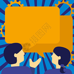 一对夫妇谈论技术计划 背景上有两个重叠的语音云 男人和女人坐在一起讨论揭示抽象项目成人团队计算机头脑商业墙纸专注气泡想像力合作图片