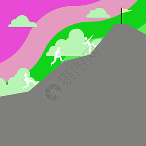 商业团队在山上攀登 以达到目标 一群人跳上山去获得顶端的旗帜 男女一起乘云而行 用新思想写作运动生长蓝色男人卡通片女性竞赛冒险墙图片