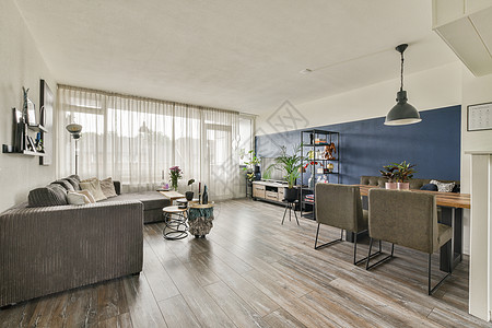 在宽敞公寓中的现代客厅物品木地板住宅压板餐桌沙发枕头休息室日光长椅图片