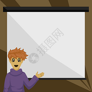 男孩在展示板上展示重要信息 在面板上显示重要公告的人 连帽衫的男性显示重要消息计算机老师快乐商业桌子商务教授幸福办公室乐趣图片
