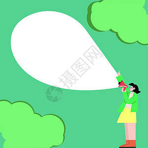 女人站立绘图拿着扩音器与大气泡显示消息 拿着带有大型对话气球的扩音器语音设备幸福人士男孩们职业套装气泡创造力商业天空图形图片