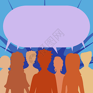 一群人在讲话泡泡中分享重要信息 业务团队在联合对话气球中发布重要公告 显示关键消息社区观众绘画推介会话框女性蓝色营销成功气泡图片