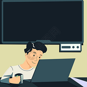 男子控股杯 看拉普顶端和展示重要新闻 在后面的Tv 男孩在手中抓人 盯着电脑并显示Cruty信息技术商业商务休闲教育快乐老师计算图片