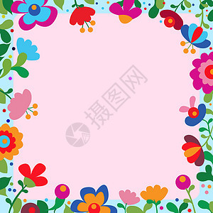 空白的框架装饰着抽象的现代化形式的花朵和叶子 空旷的现代边框被组织愉快的五颜六色的线条符号包围蓝色问候创造力粉色墙纸季节图形计算图片