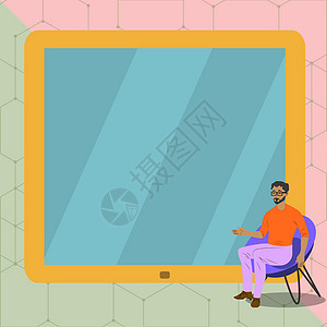 人指着手空屏幕代表规划未来项目 男性坐在 Archair 点空白板上展示最新计划最新进展运动营销商业推介会海报办公室教育电脑绘画图片