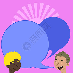 朋友们在聊天时用言语泡泡来交谈 快乐地画相伴 同事设计站在对着一个有乐趣的谈话中说话童年成人气球教育人士喜悦想像力女性海报商务图片