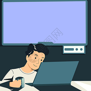 男子控股杯 看拉普顶端和展示重要新闻 在后面的Tv 男孩在手中抓人 盯着电脑并显示Cruty信息卡通片服装男性课堂电脑显示器笔记图片