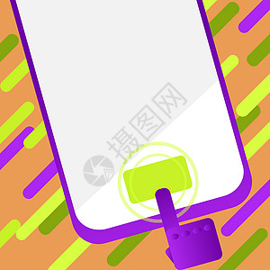在电话主要按钮的拉长的手指点 手机清屏 特写带有主页按钮的小工具 光标指向剥离的背景 文本空间庆典运动卡通片紫色框架墙纸商业技术图片